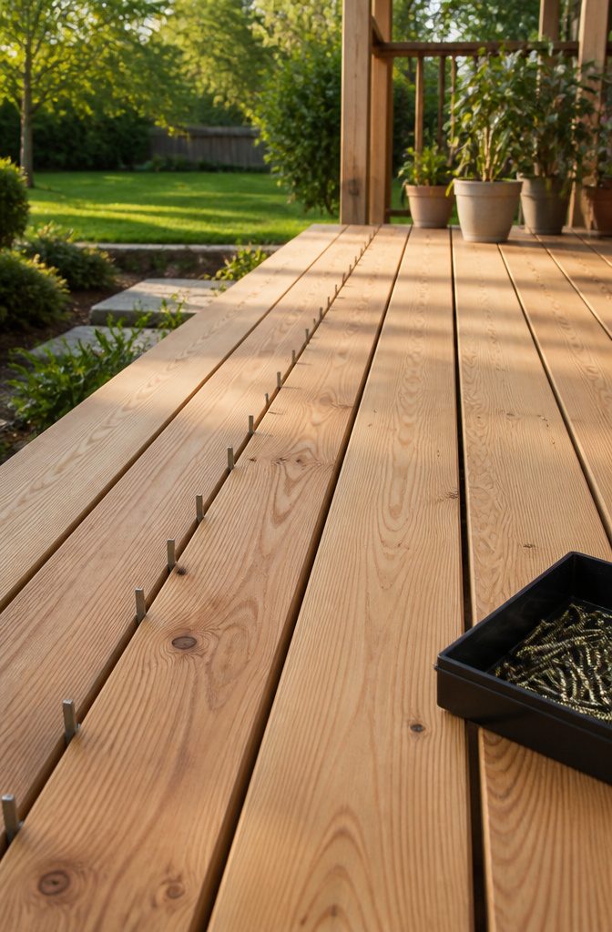 Pressure-treated lumber boards being installed on a deck frame.