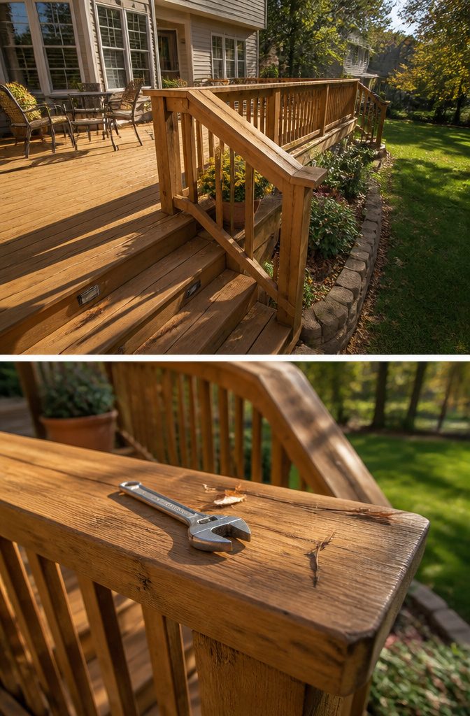 A person inspecting the deck for maintenance and repairs.