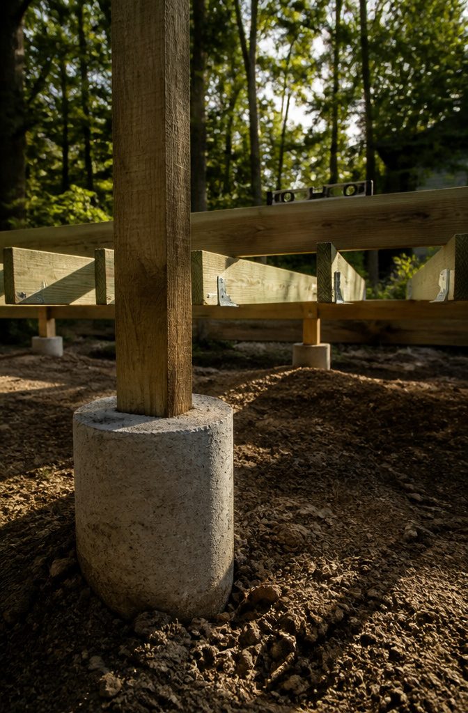 Treated wood posts set into concrete footings for a deck.