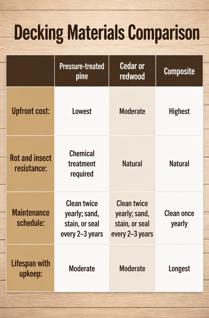 A chart comparing different types of decking materials.