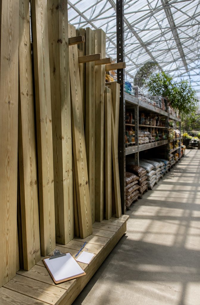 Pressure-treated lumber boards stacked in a gardening supply store.