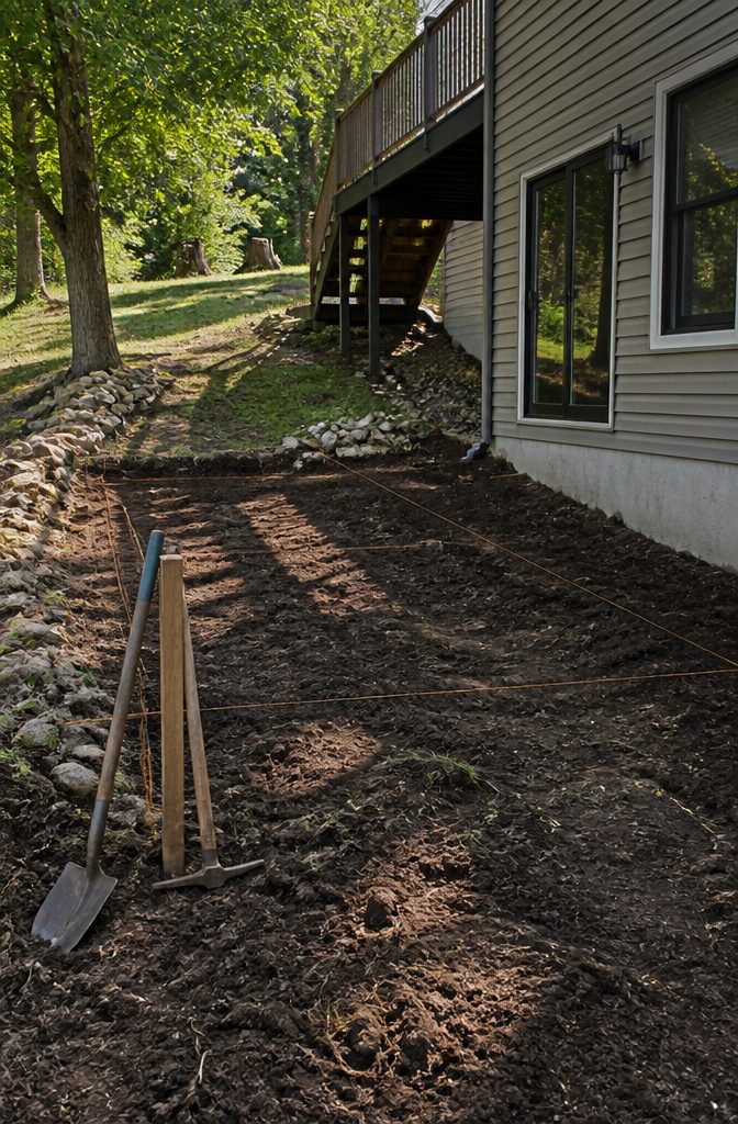 A person using a shovel to clear soil for deck construction.