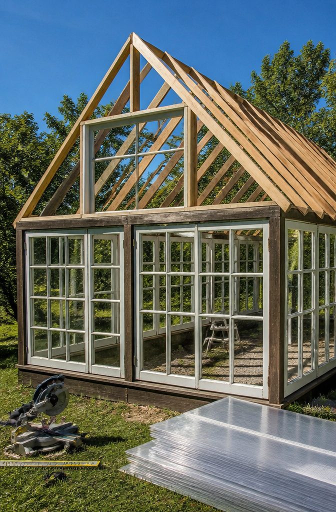 A roof frame with supports for a greenhouse under construction.