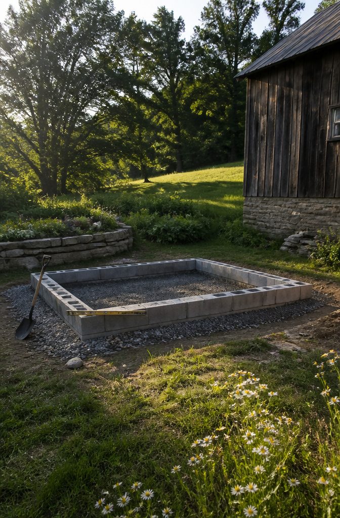 A foundation made of cinder blocks arranged on gravel.