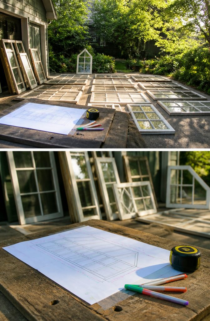 Windows arranged on a driveway to plan the greenhouse layout.