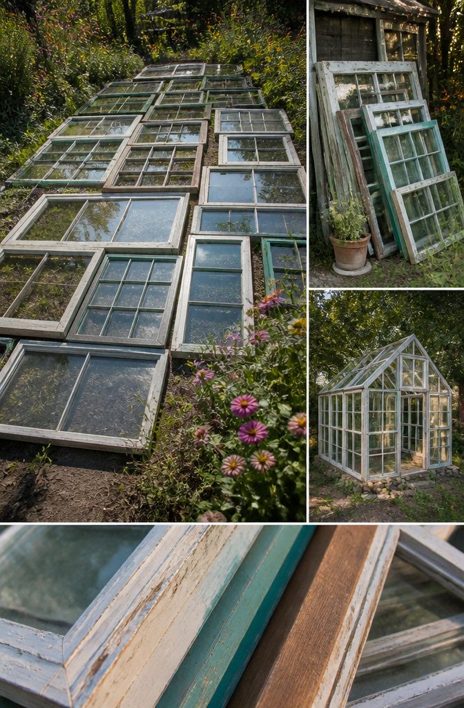 Various mismatched windows arranged for a greenhouse design.
