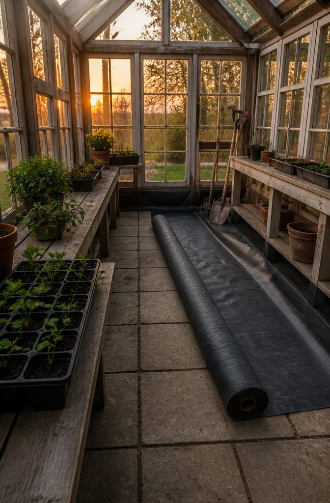 Inside the greenhouse with paving slabs and wooden shelves.