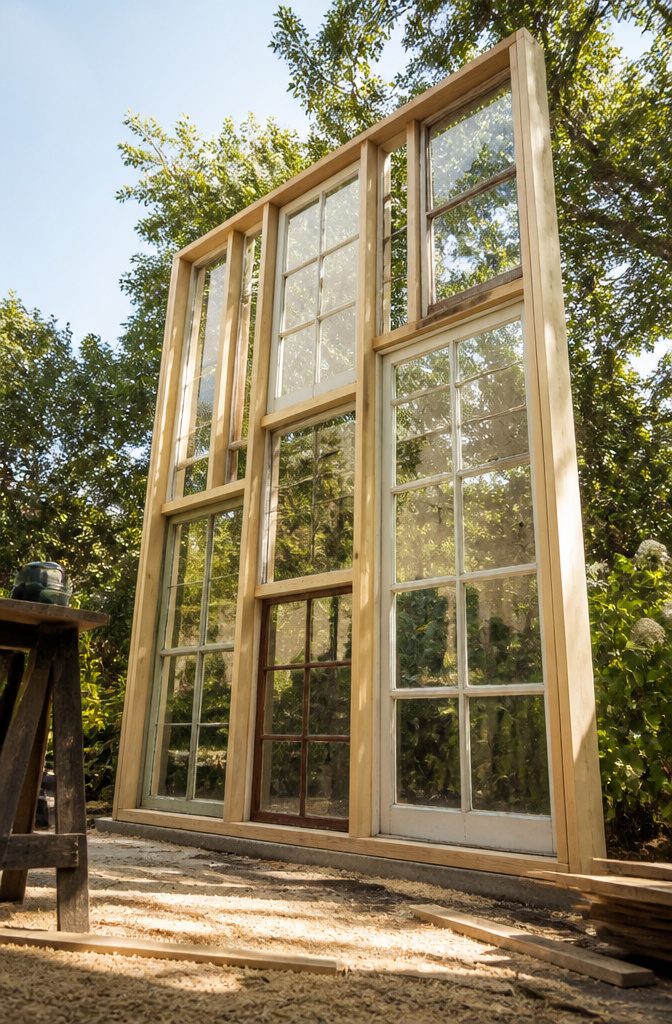 A partially framed wall showing various window sizes in a greenhouse.