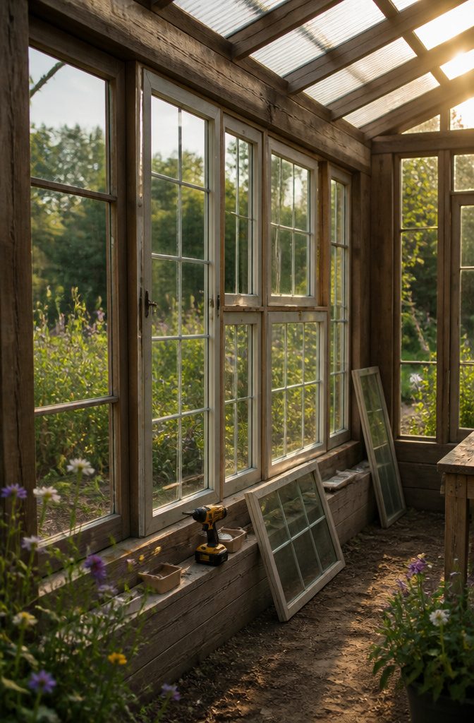 A wall of windows being installed in a greenhouse structure.