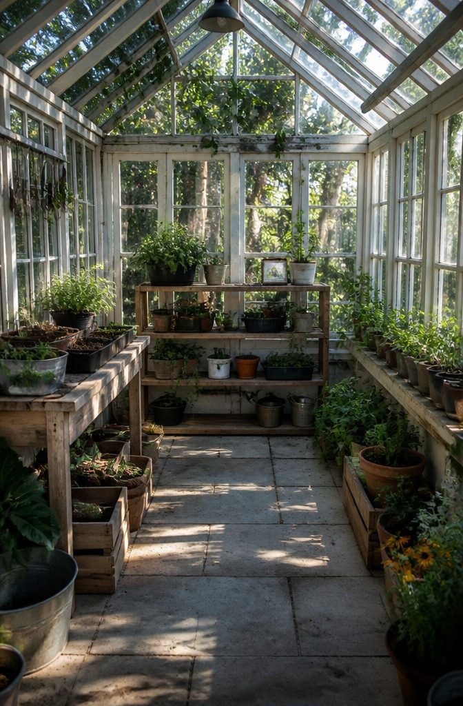 Inside a completed greenhouse with plants and a thermometer.