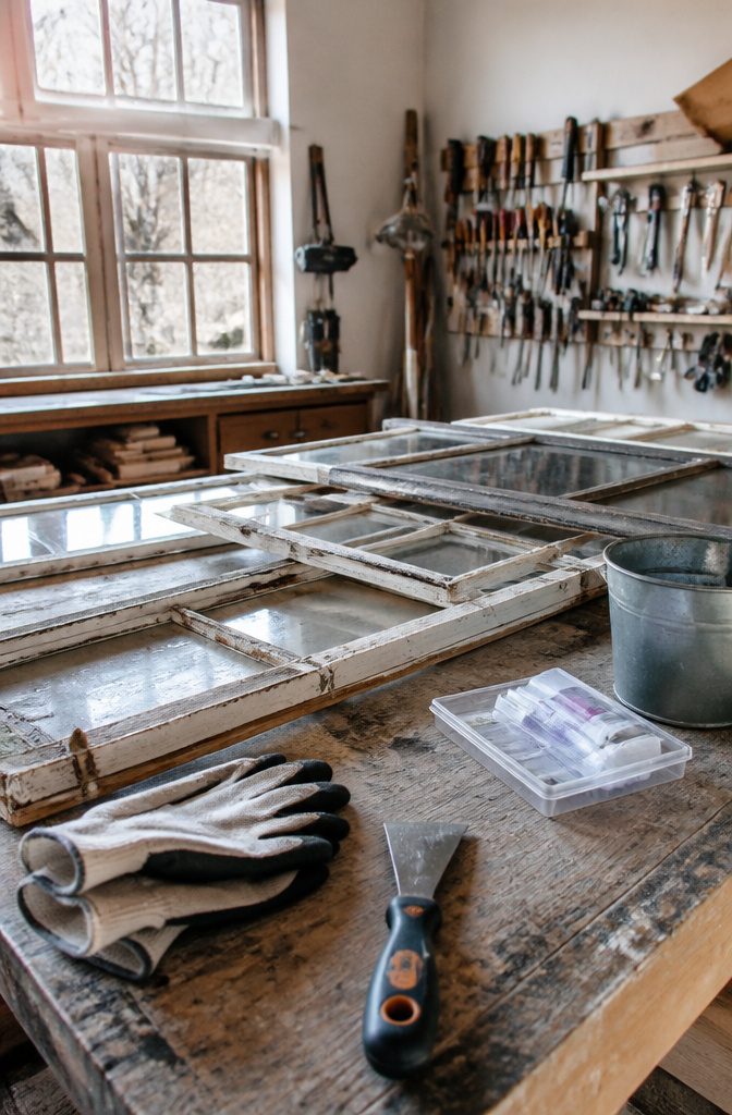 A workbench filled with old windows and tools for preparation.
