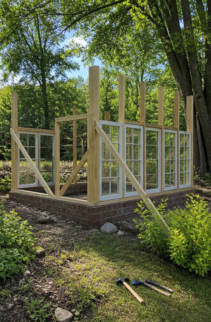 A partially raised wall frame in a garden setting.