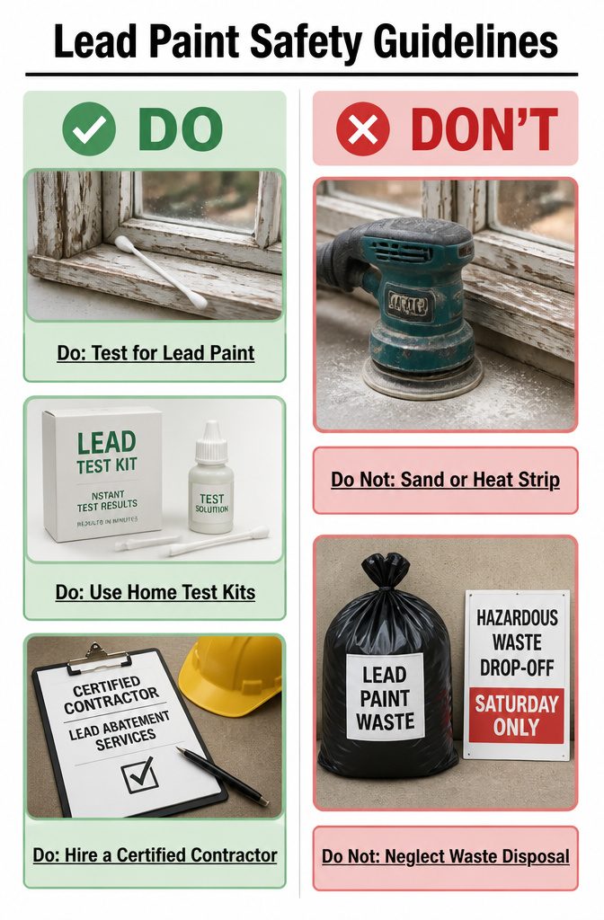 Lead paint safety guidelines displayed alongside old windows.
