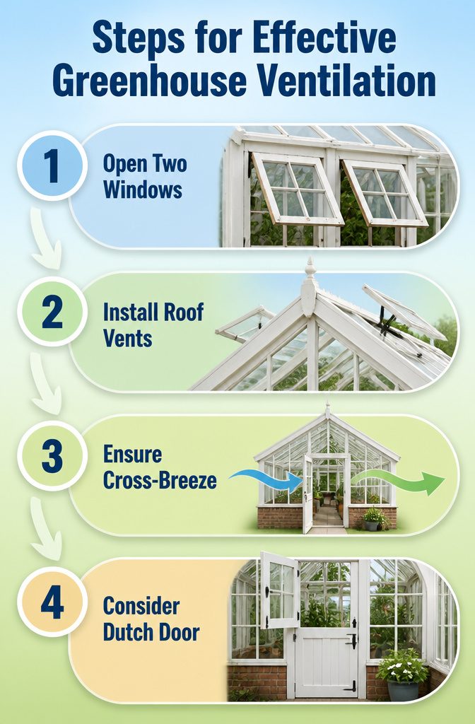 Illustration showing steps for proper greenhouse ventilation.