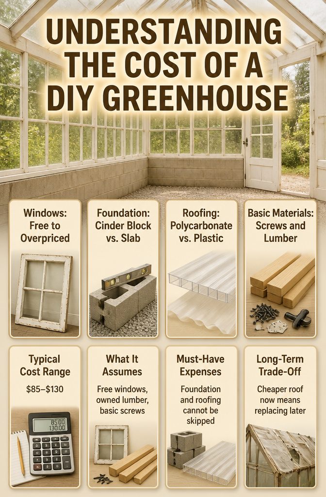 An infographic detailing the costs associated with a DIY greenhouse.