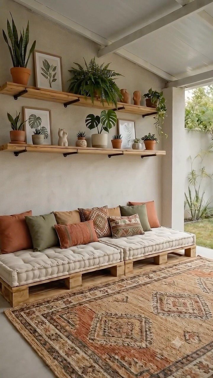 DIY Patio Couch: 8 Projects to Build for Any Budget 3 A wooden pallet sofa with cream cushions and colorful pillows on a patterned rug.