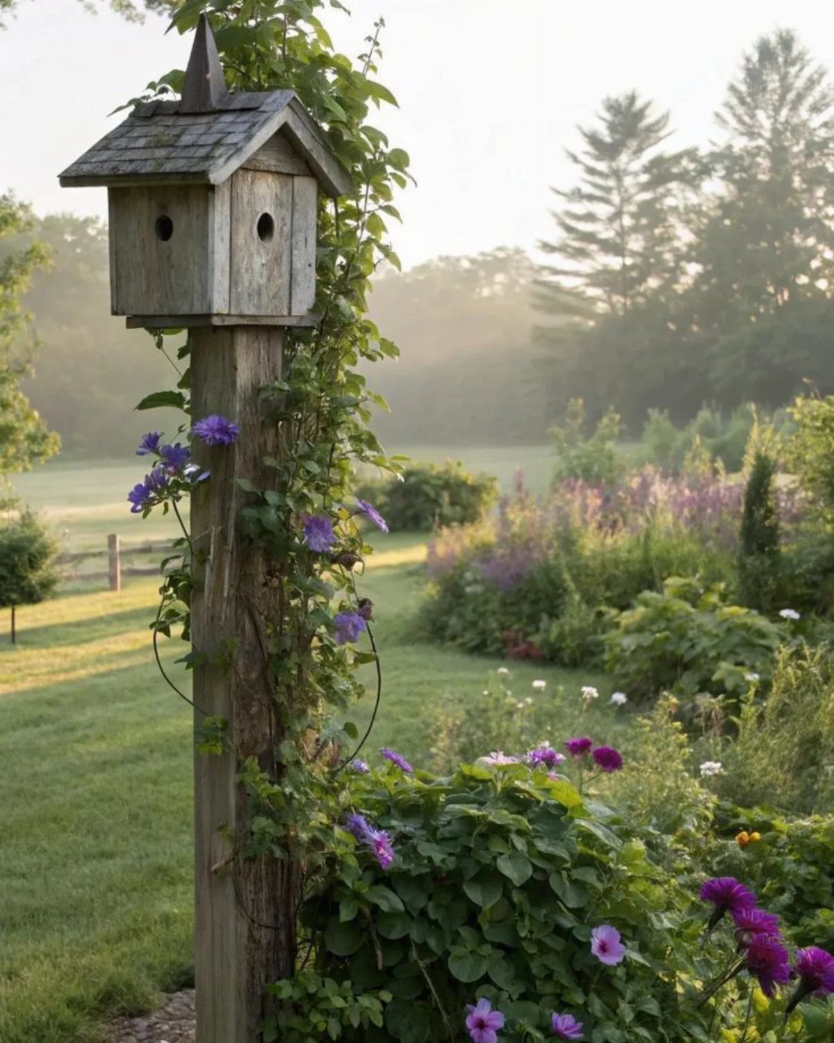 Easy Garden DIY: 18 Projects for a Yard That Feels Finished 4 A rustic wooden birdhouse mounted on a tall post surrounded by climbing green vines and purple flowers.