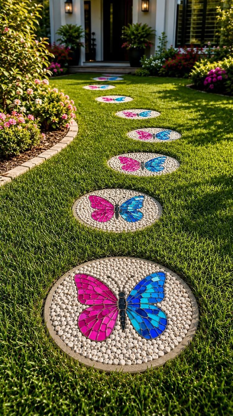 Easy Garden DIY: 18 Projects for a Yard That Feels Finished 9 Colorful butterfly pebble mosaics embedded in a lush green garden lawn.