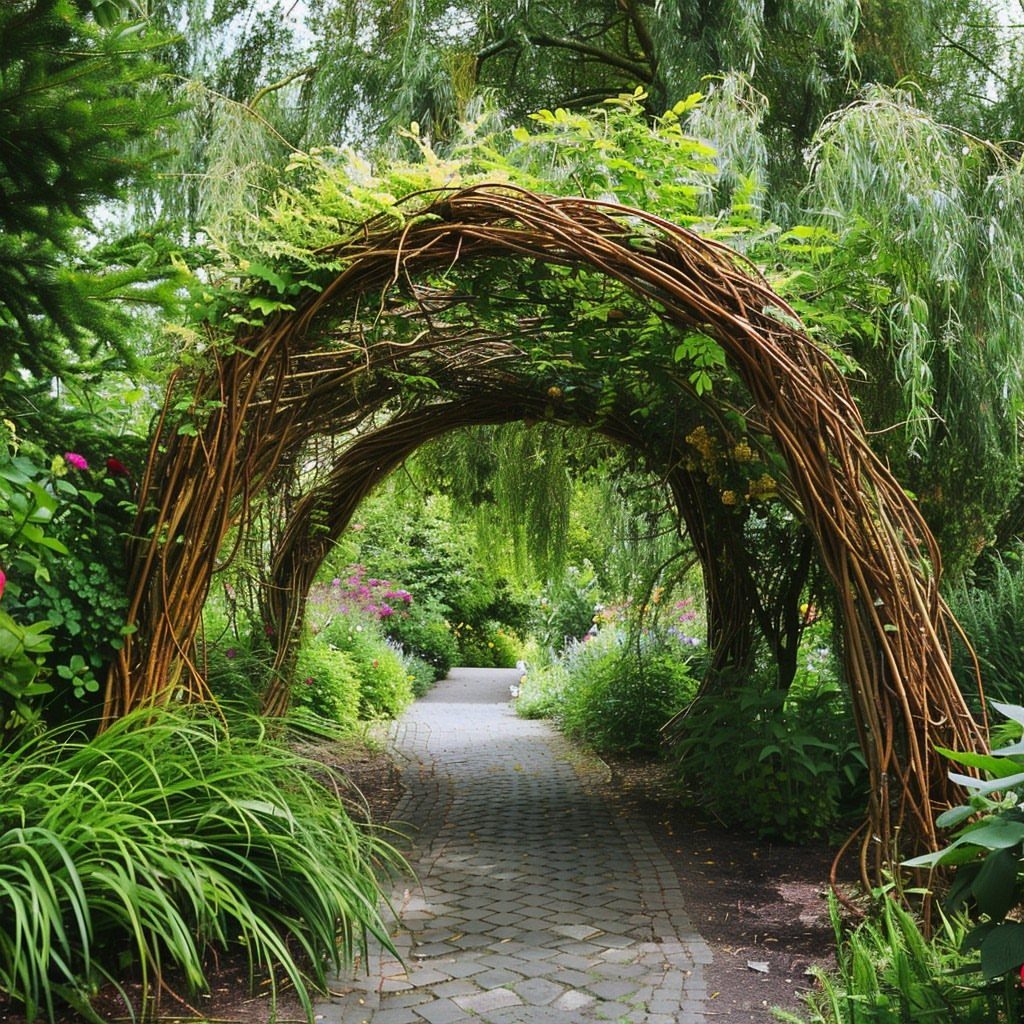 Easy Garden DIY: 18 Projects for a Yard That Feels Finished 13 A woven willow branch archway spanning over a stone garden path surrounded by greenery.