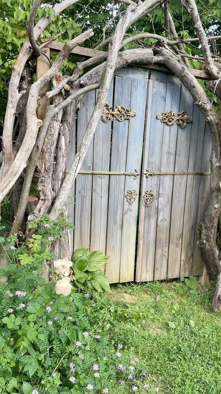Easy Garden DIY: 18 Projects for a Yard That Feels Finished 2 Weathered wooden double doors framed by a natural archway of thick, twisted tree branches and green plants.