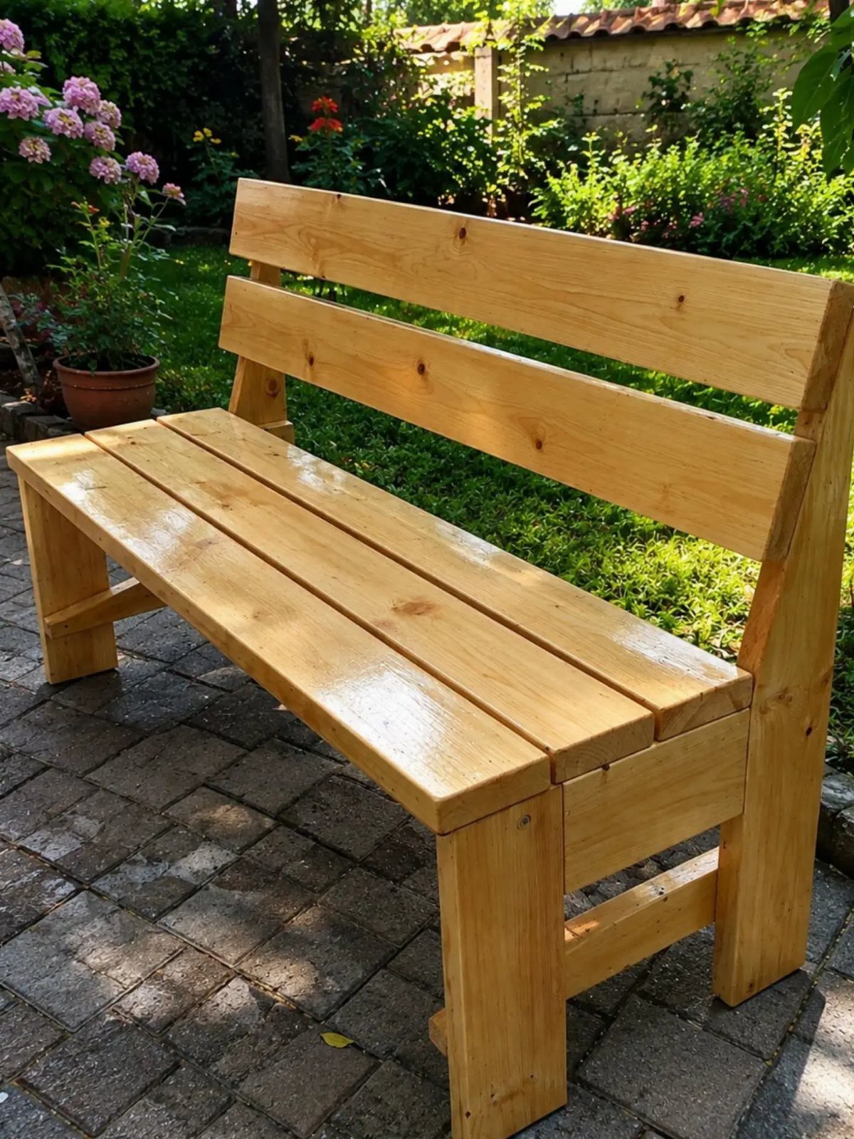 Easy Garden DIY: 18 Projects for a Yard That Feels Finished 15 A light-colored wooden garden bench sits on a stone patio in a lush garden.
