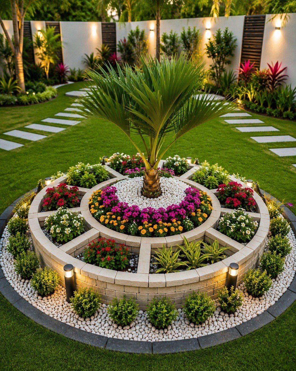 A circular tiered stone garden bed with a central palm tree and colorful flowering plants.