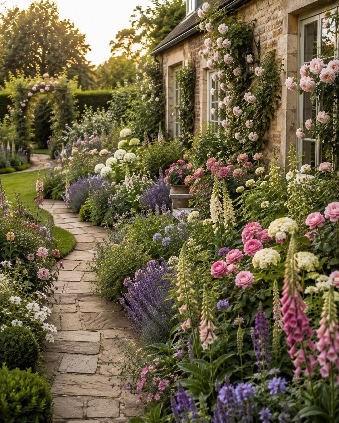 A stone path winding through a vibrant garden with roses, hydrangeas, and lavender by a cottage.