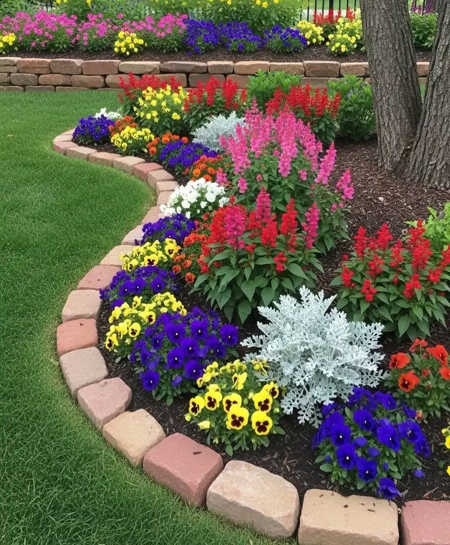 Colorful annual flowers planted in a curved garden bed edged with tan stones and dark mulch.