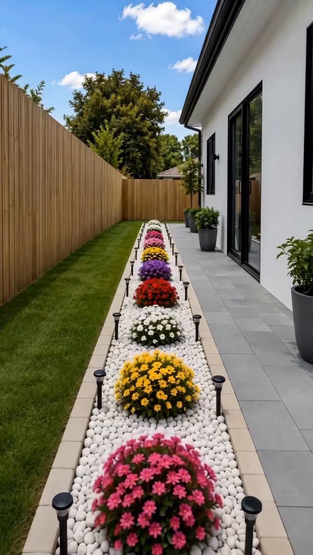 A narrow garden bed with colorful flowers planted in white pebbles alongside a lawn and patio.