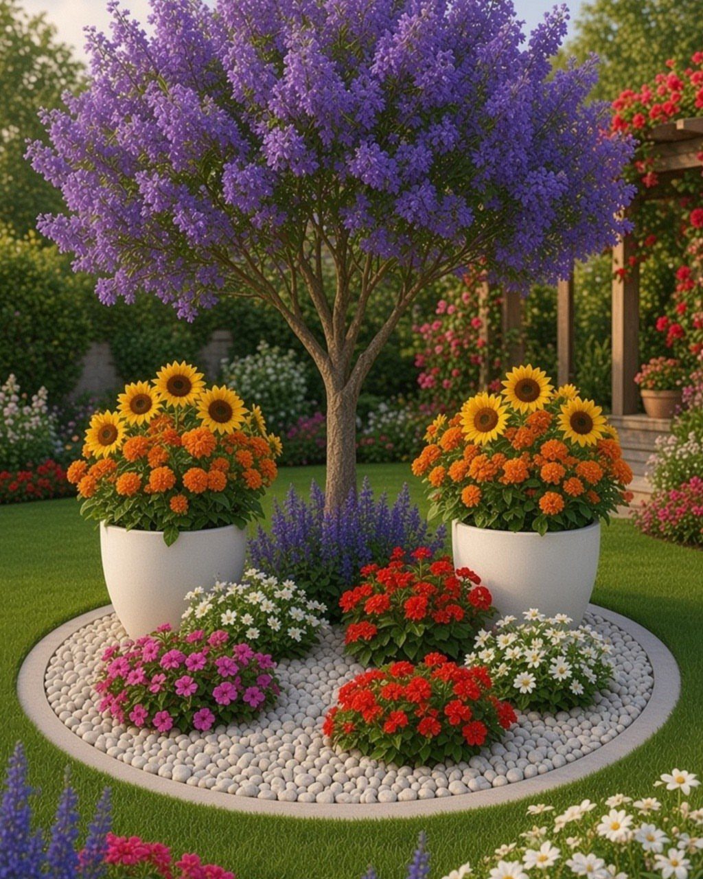 Purple flowering tree surrounded by a circular bed of colorful flowers and white pebbles.