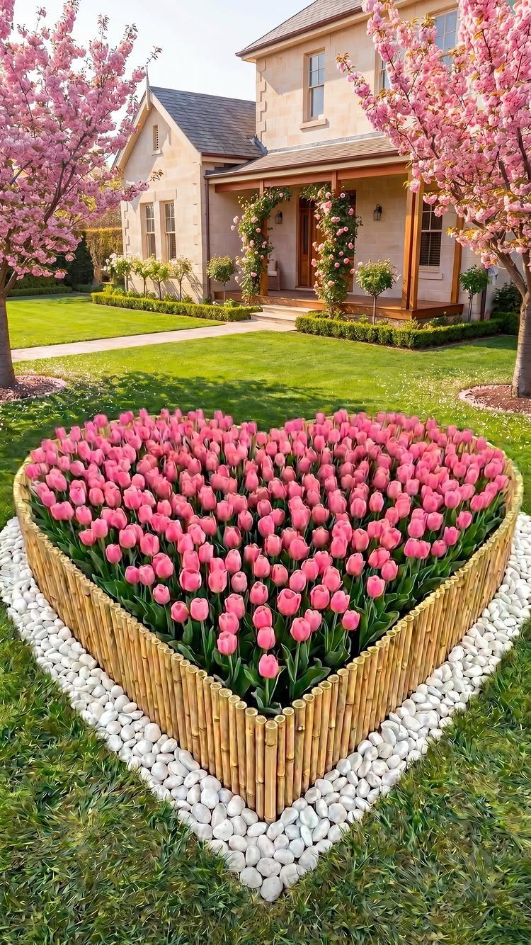 Pink tulips planted in a heart-shaped garden bed with a bamboo border and white stones.