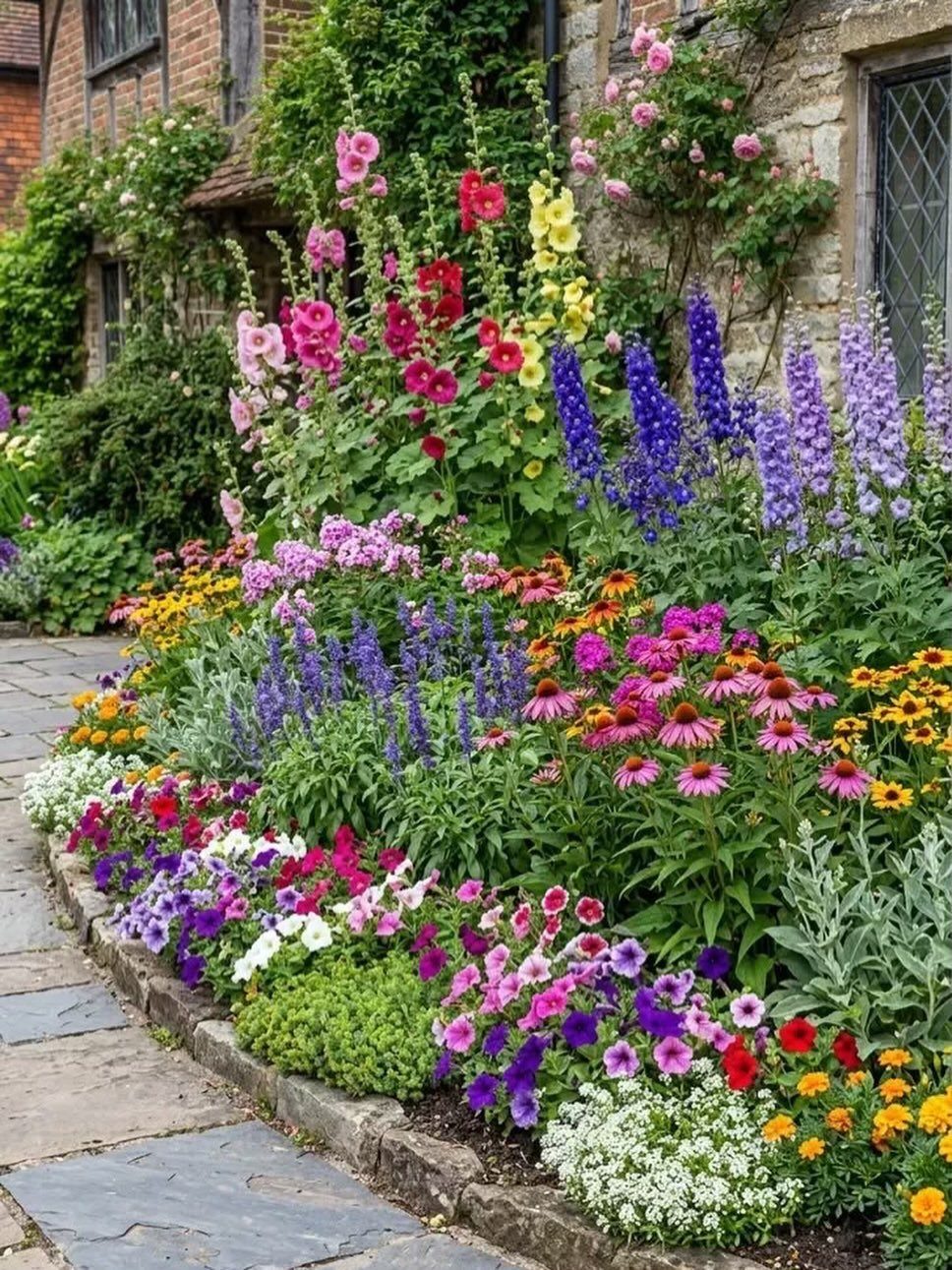 Vibrant flower bed with tall hollyhocks, purple delphiniums, and colorful petunias lining a stone walkway.