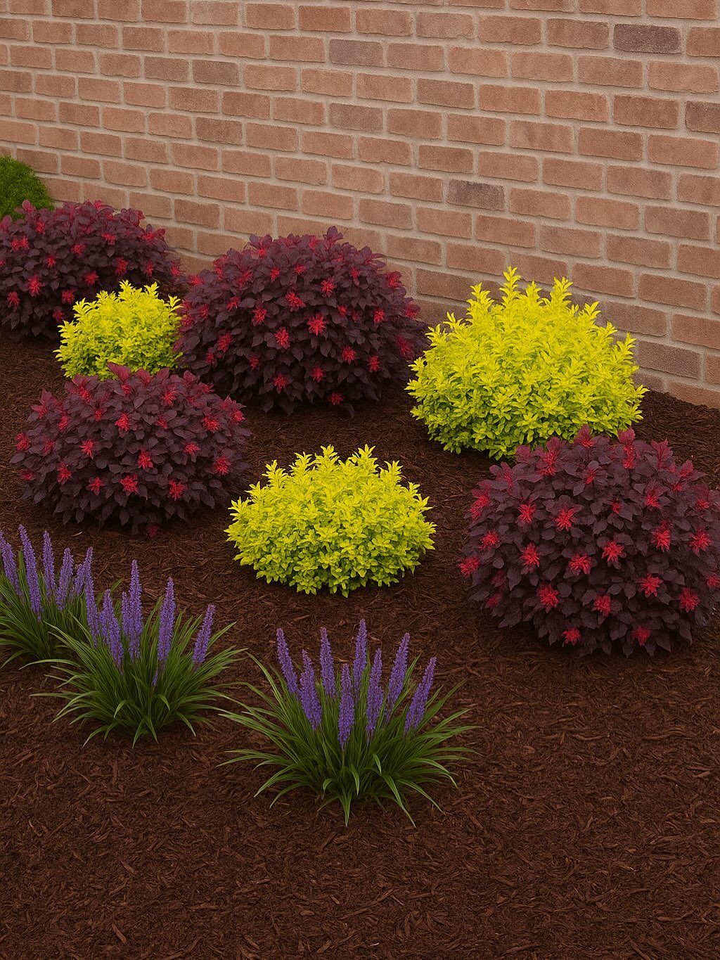 Burgundy and lime green shrubs planted in dark brown mulch against a brick wall.