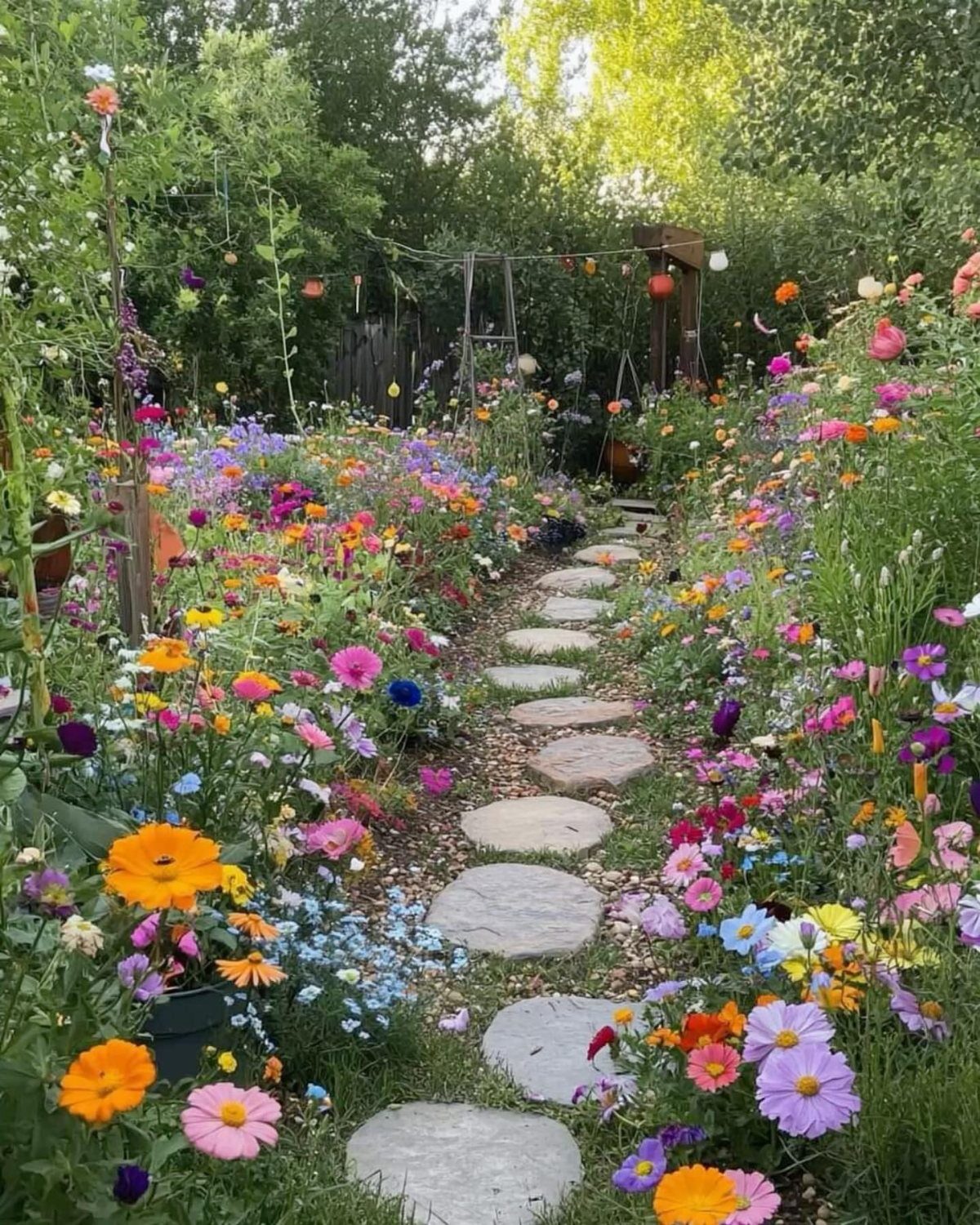 Stone stepping-path winding through a vibrant garden filled with colorful blooming wildflowers and lush greenery.