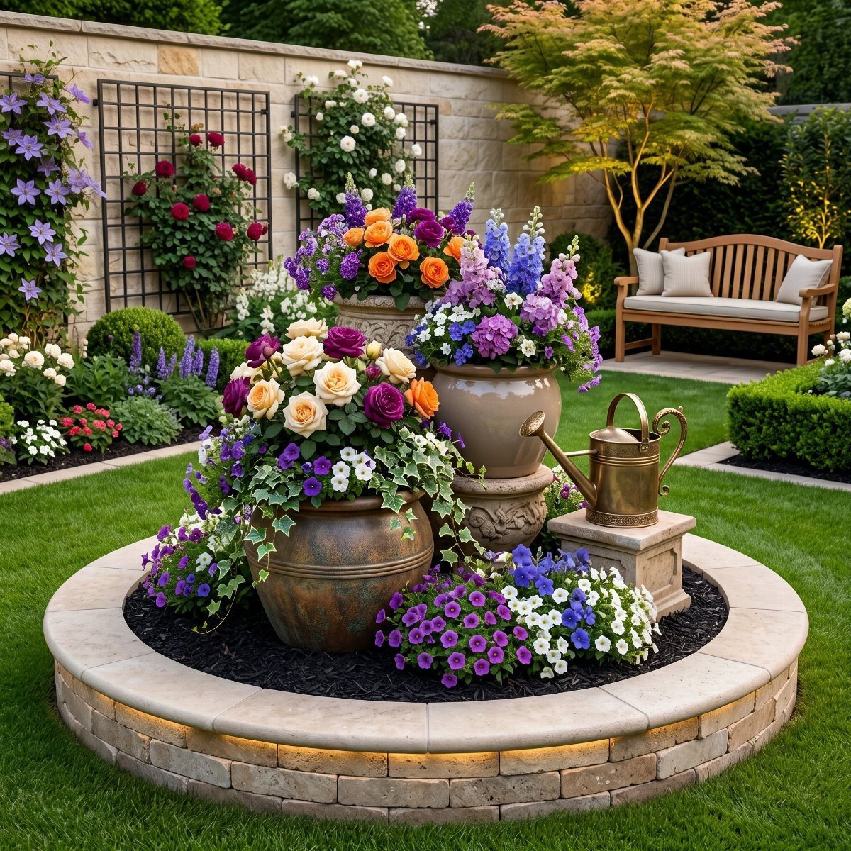 Large ceramic planters filled with colorful roses and petunias in a circular raised garden bed.