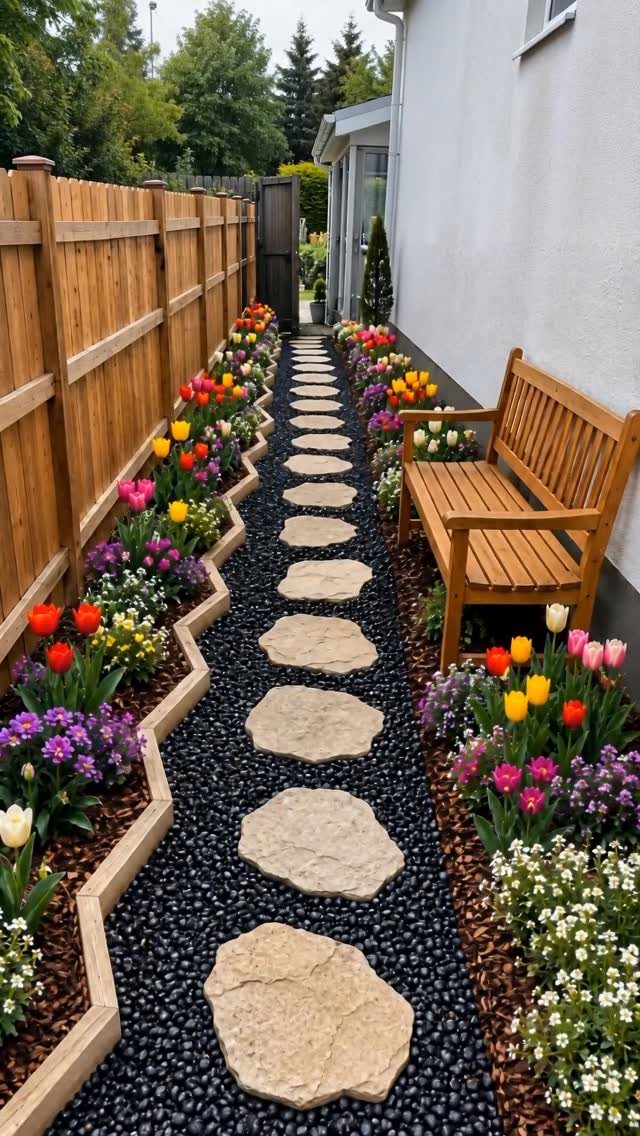 Stepping stone path through a narrow side yard garden with colorful tulips and wooden flower beds.