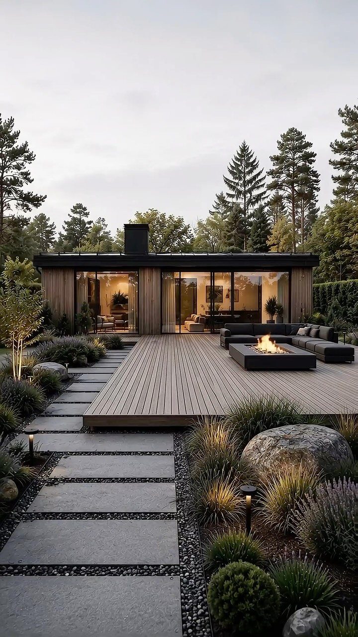 10 Front Yard Decks Ground Level That Welcome Guests First 5 Modern wooden ground level deck featuring a central fire pit with seating and a stone pathway.