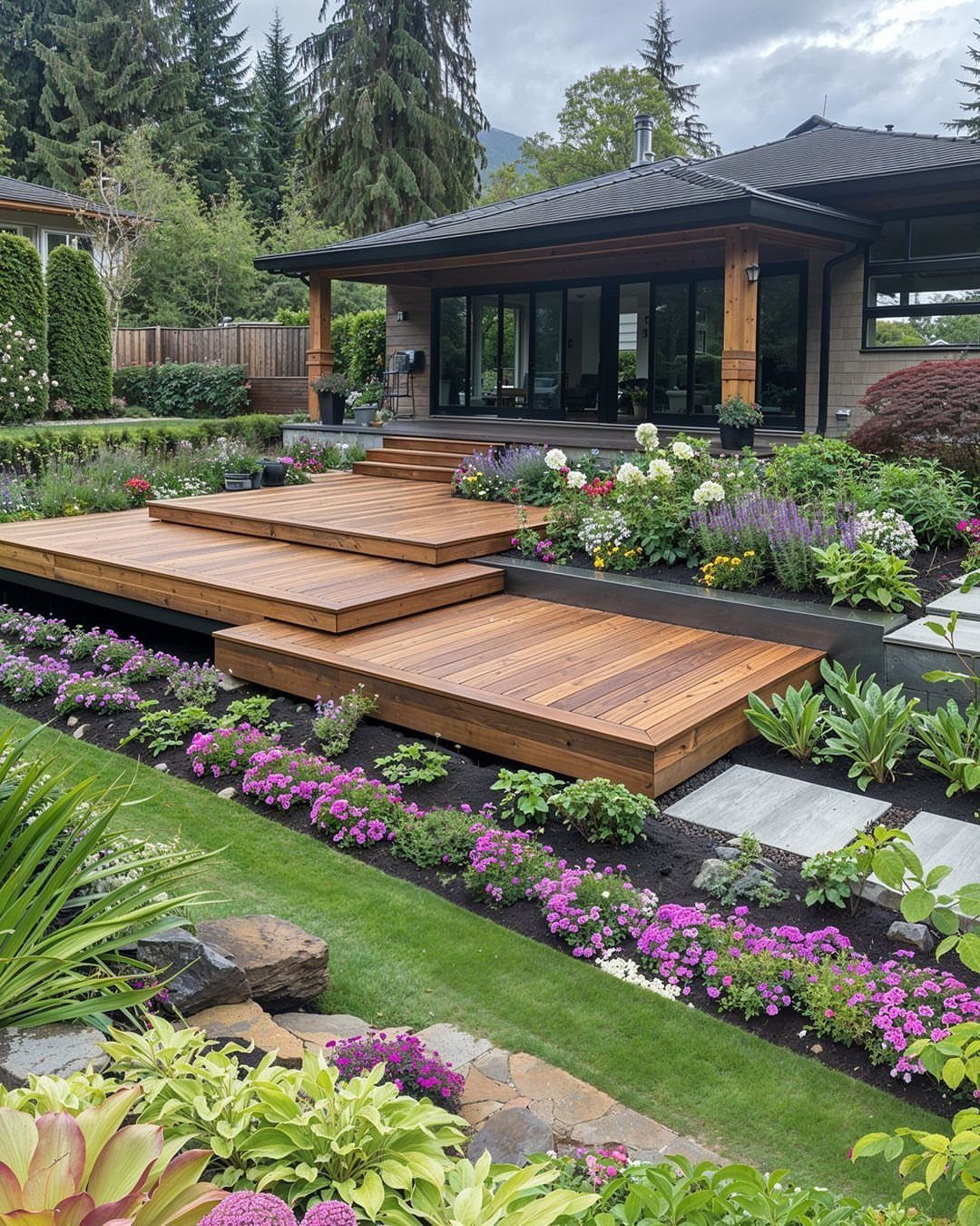10 Front Yard Decks Ground Level That Welcome Guests First 7 Multi-level wooden ground-level deck surrounded by vibrant flower beds and lush green landscaping in a front yard.