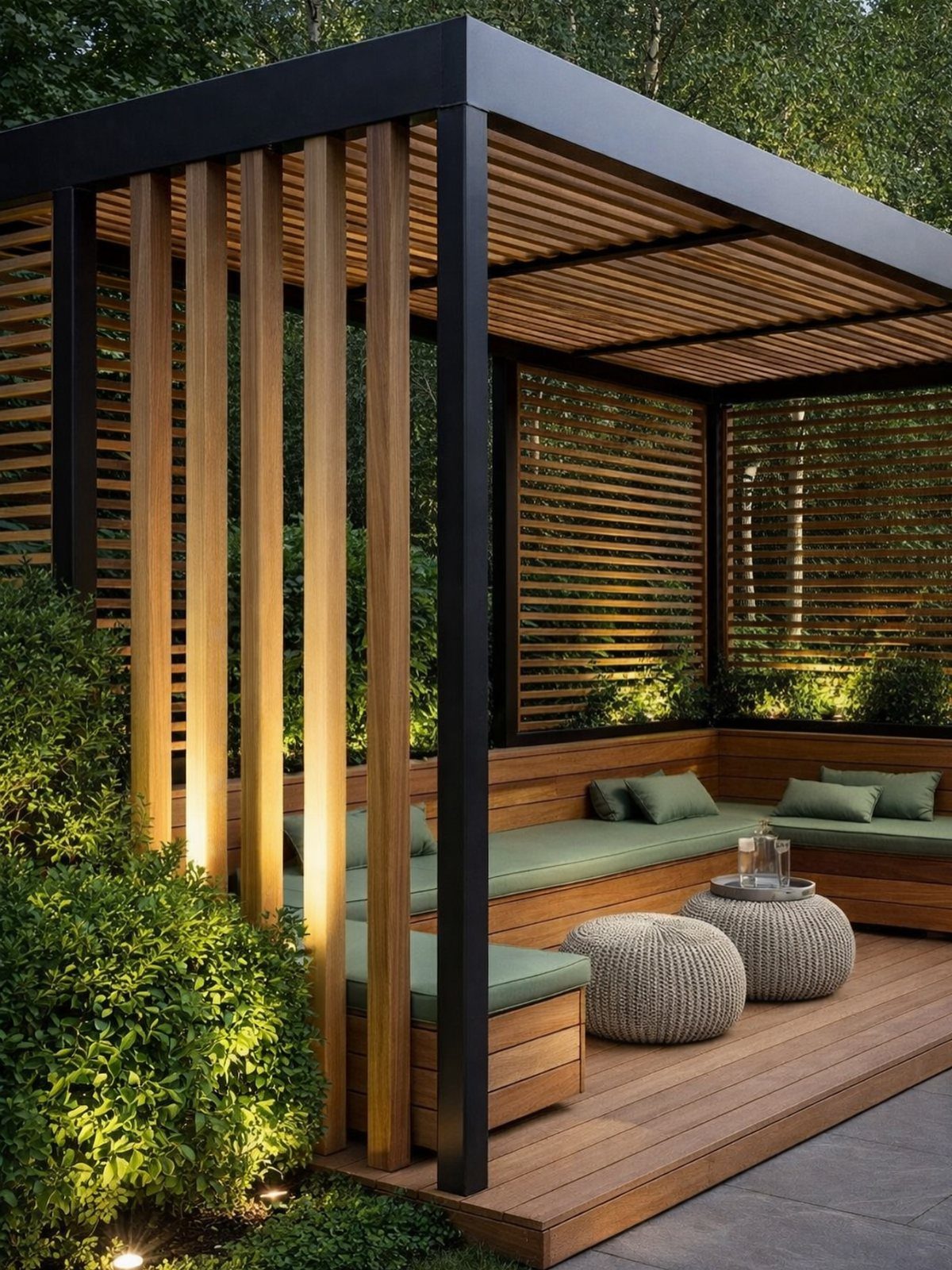 10 Front Yard Decks Ground Level That Welcome Guests First 2 A modern wooden pergola with built-in seating and green cushions on a ground-level deck.