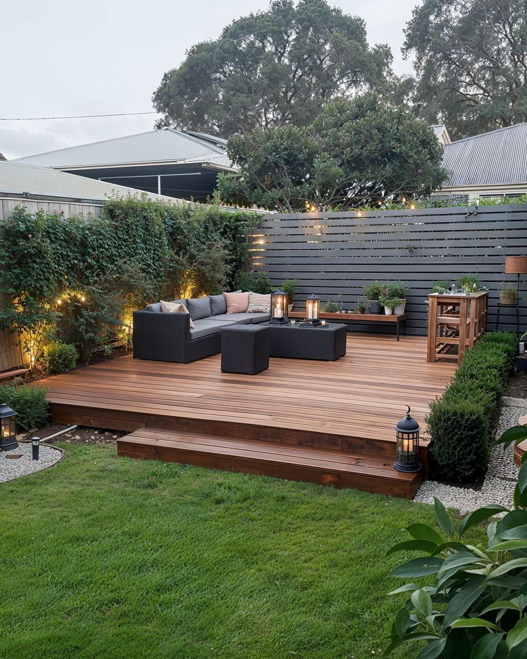 10 Front Yard Decks Ground Level That Welcome Guests First 4 A low wooden deck with dark wicker outdoor furniture in a landscaped backyard setting.