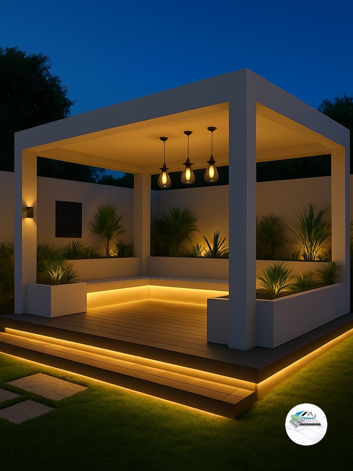 10 Front Yard Decks Ground Level That Welcome Guests First 9 A modern white ground-level deck with integrated seating and warm LED lighting at dusk.
