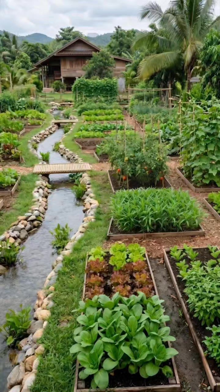 Lush vegetable garden beds with a rocky stream and small wooden bridges near a wooden house.