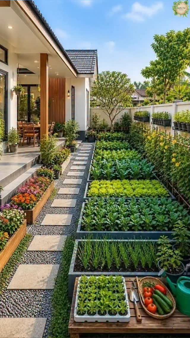 Rectangular raised garden beds filled with green vegetables lining a stone walkway next to a house.