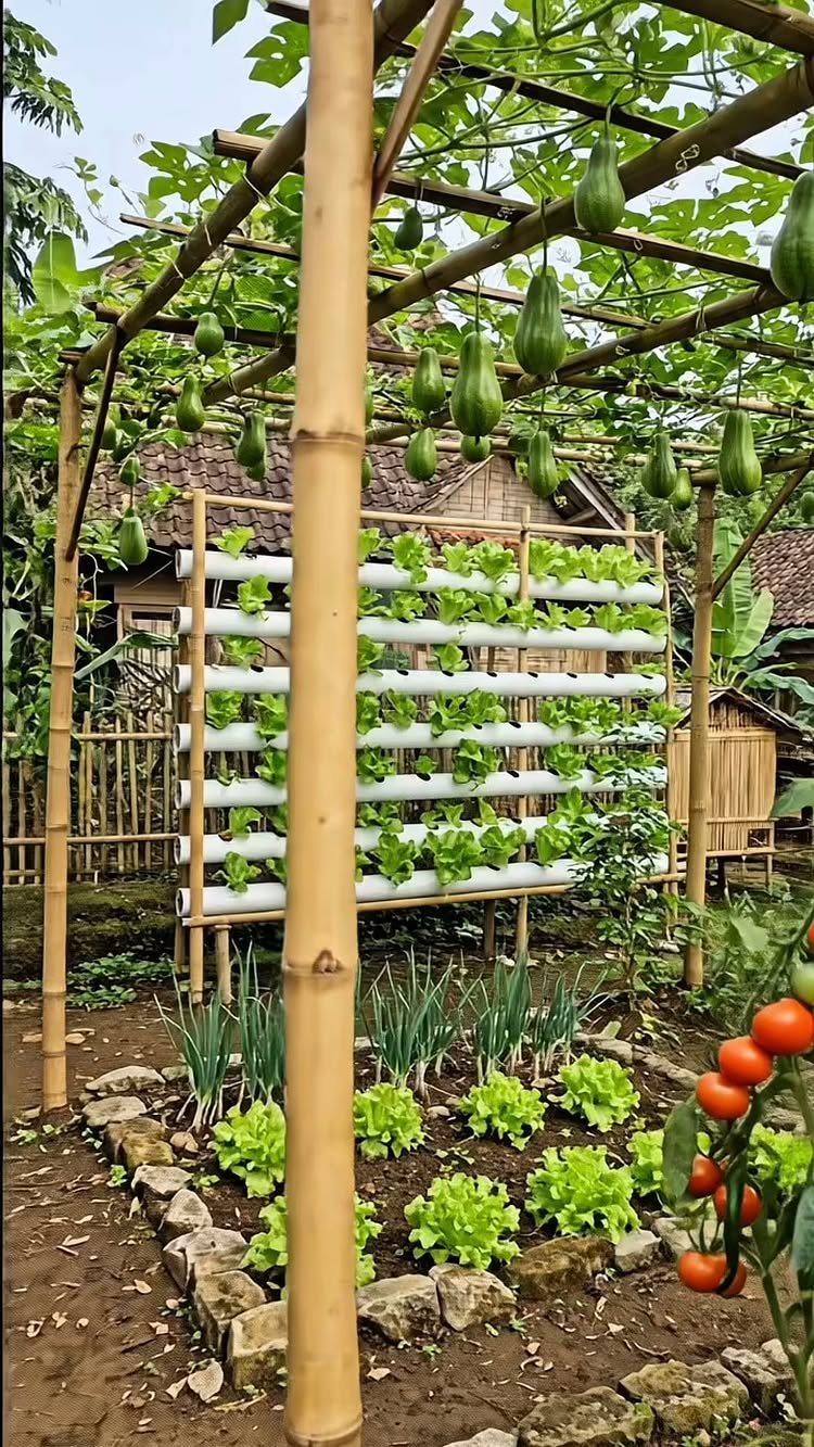 Bamboo trellis with hanging gourds and a vertical hydroponic lettuce system in a garden.