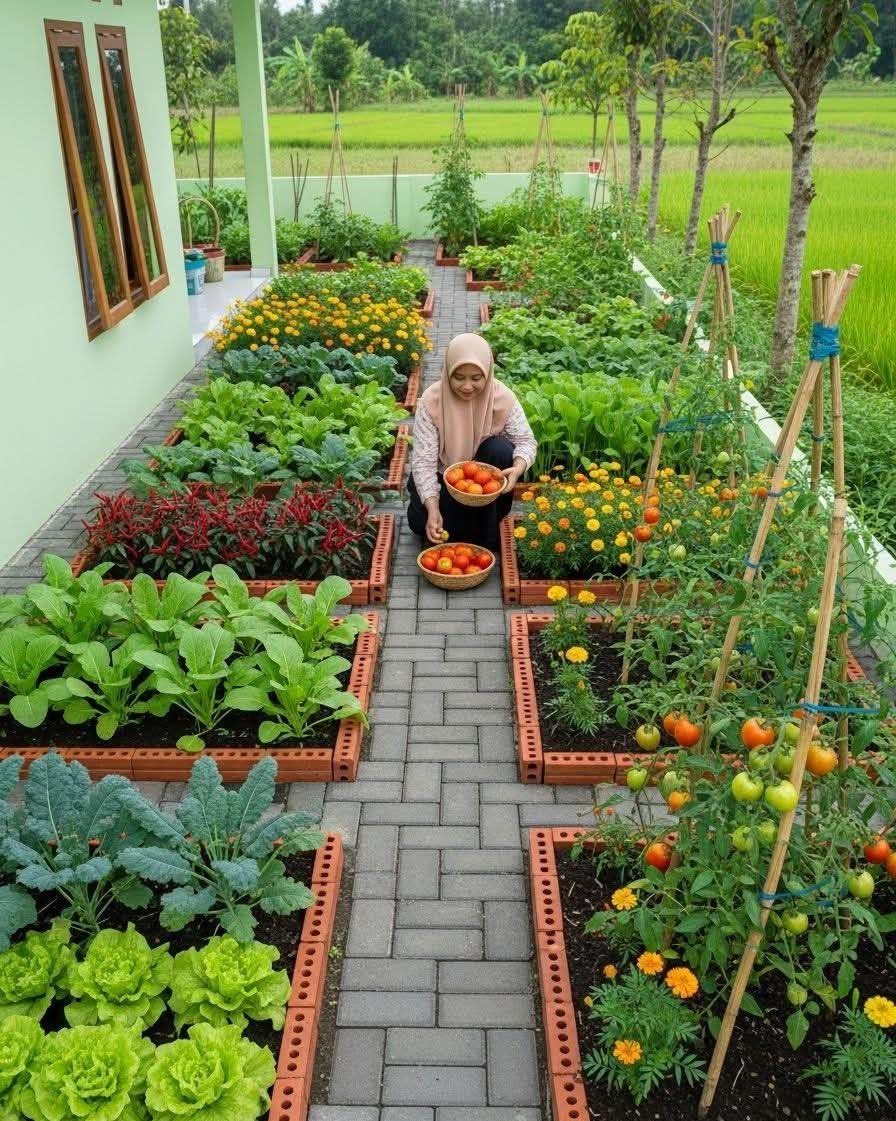 A woman kneeling on a grey brick garden path between rows of vegetable beds.