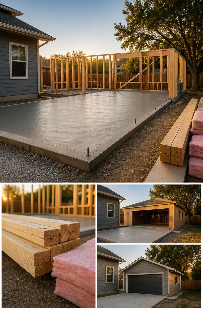 A construction site showing the sequence of building a garage.