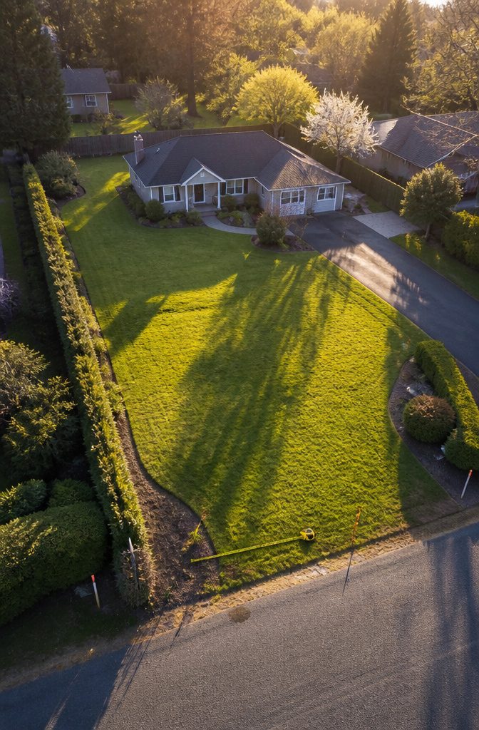 A yard layout with marked setbacks and property lines for garage planning.