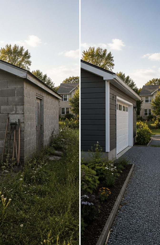 An existing garage shell with cinder block walls, showing signs of wear.