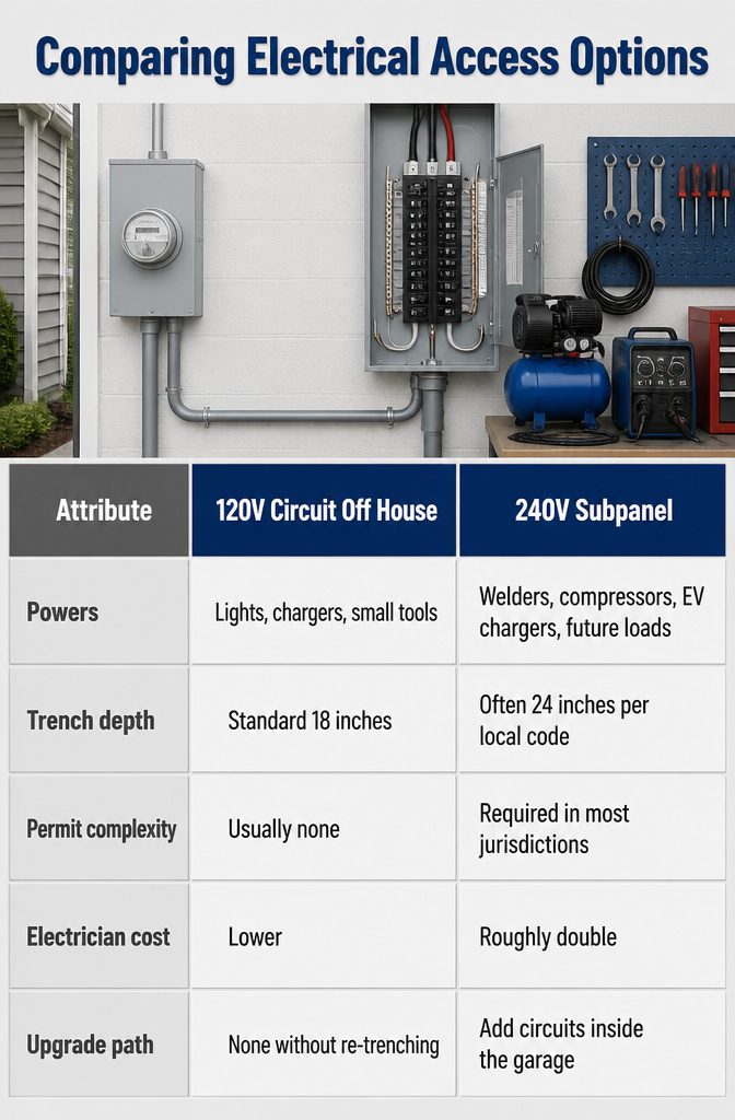A comparison chart of electrical access options for a garage.