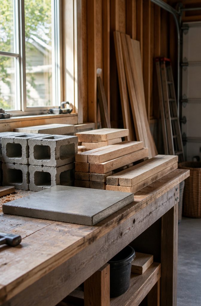 A workbench displaying various building materials for garage construction.